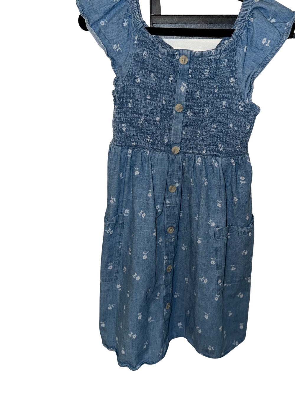 Cat & Jack Girls Chambray Floral Smocked Button Front Dress Size L 10/12